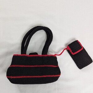 VTG Black and Red Crochet Knit Mini Purse and Phone Case